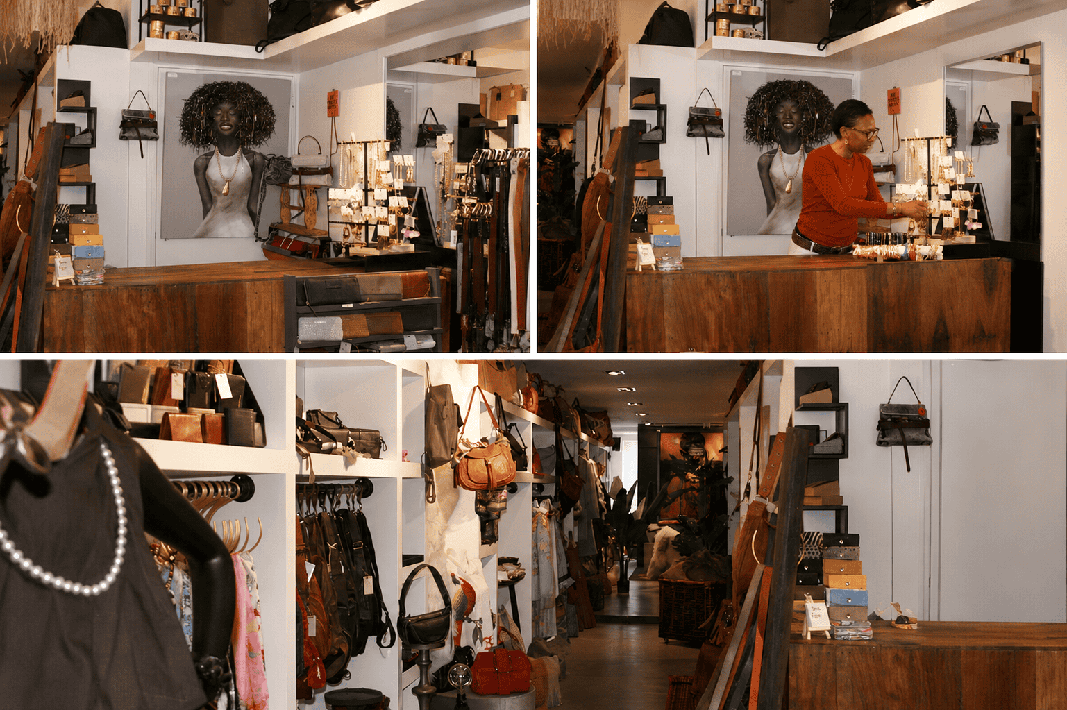 Interieur van de CChar boetiek met kleding, tassen en accessoires.
