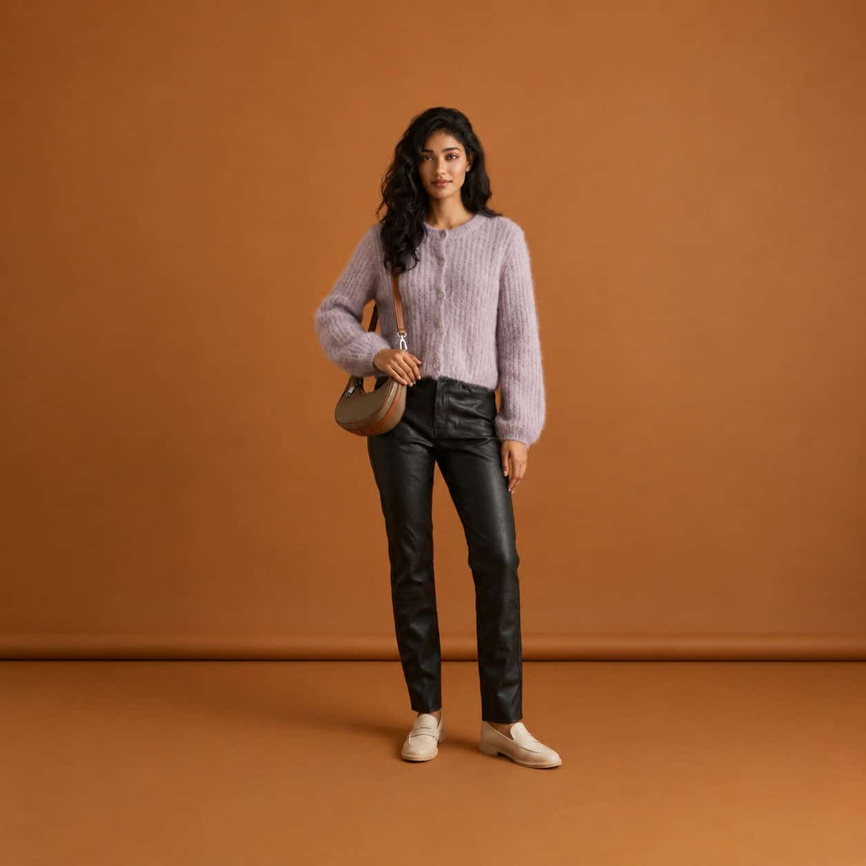 Moderne vrouw in casual kleding met sweater en leren broek, poseert tegen een effen bruine achtergro.